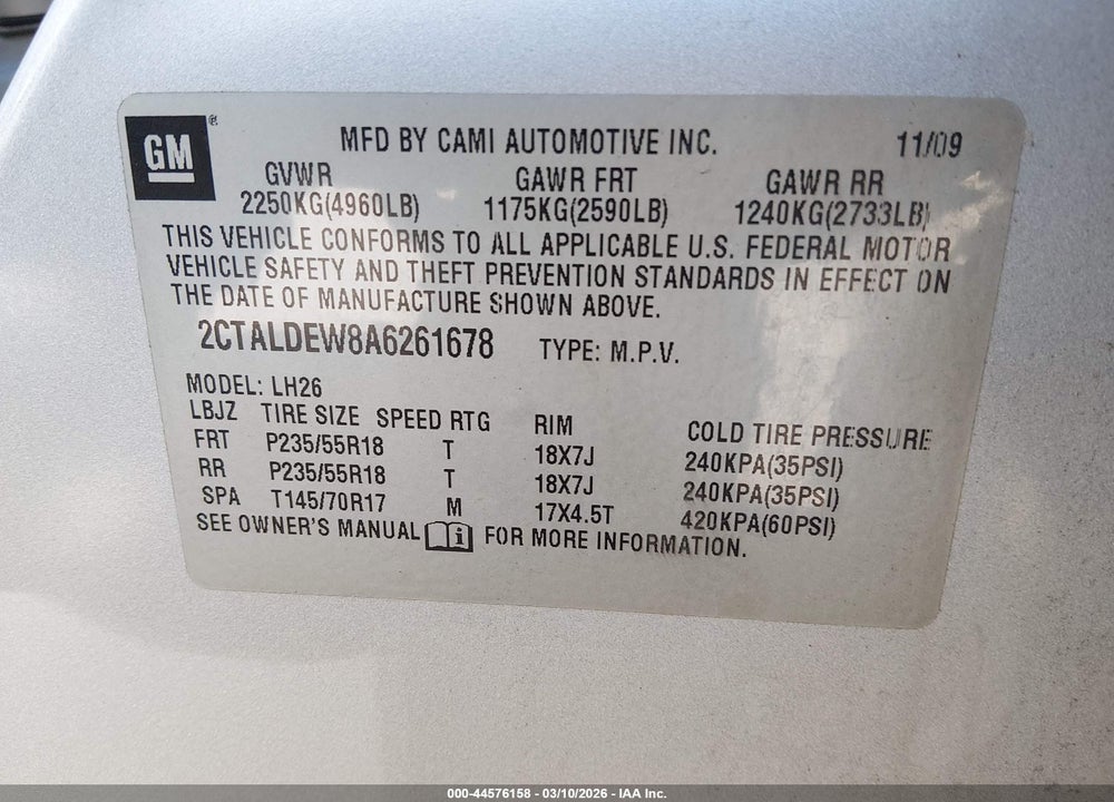 2010 GMC TERRAIN SLE-2 VIN: 2CTALDEW8A6261678