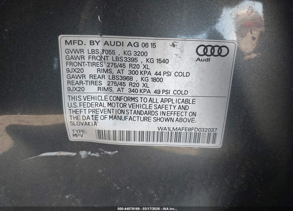 2015 AUDI Q7 TDI PREMIUM PLUS VIN: WA1LMAFE8FD032037