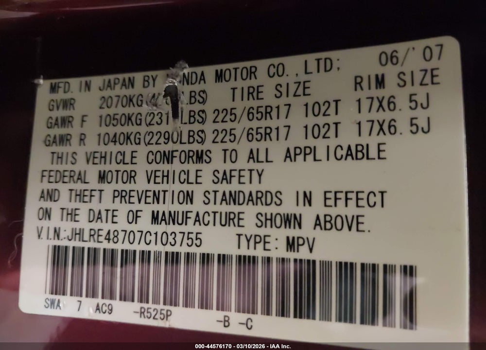 2007 HONDA CR-V EX-L VIN: JHLRE48707C103755