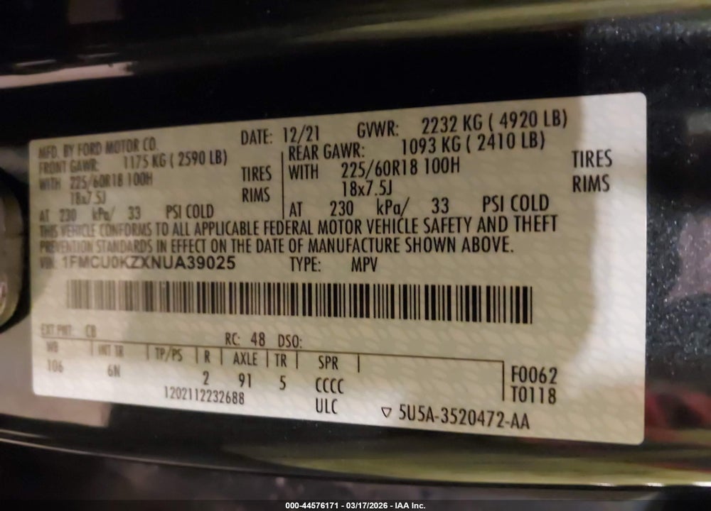 2022 FORD ESCAPE SEL PLUG-IN HYBRID VIN: 1FMCU0KZXNUA39025