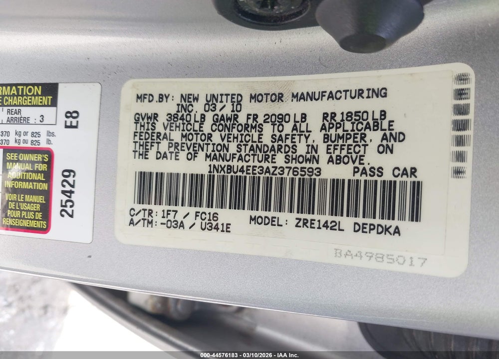 2010 TOYOTA COROLLA BASE VIN: 1NXBU4EE3AZ376593