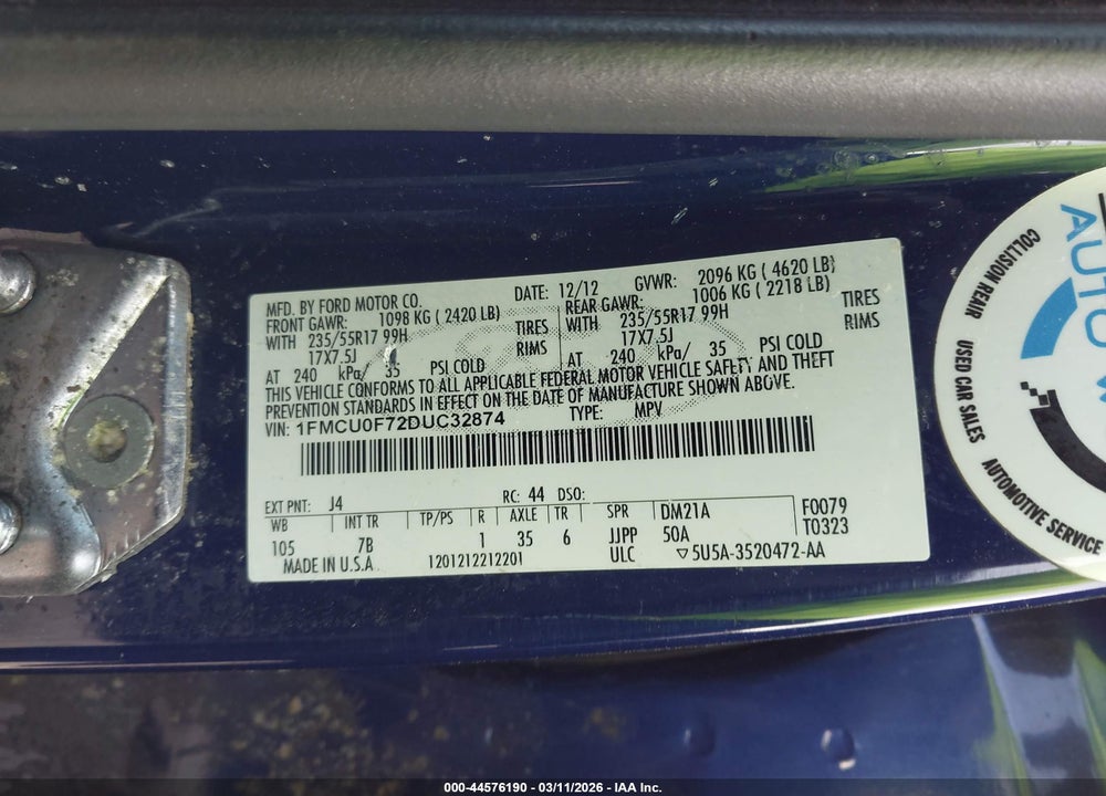 2013 FORD ESCAPE S VIN: 1FMCU0F72DUC32874