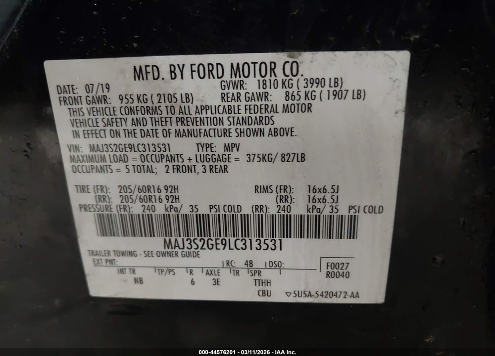 2020 FORD ECOSPORT SE VIN: MAJ3S2GE9LC313531