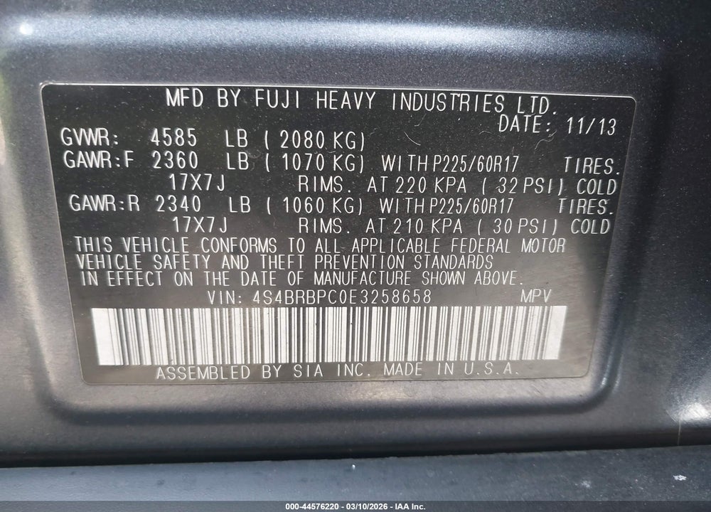 2014 SUBARU OUTBACK 2.5I LIMITED VIN: 4S4BRBPC0E3258658