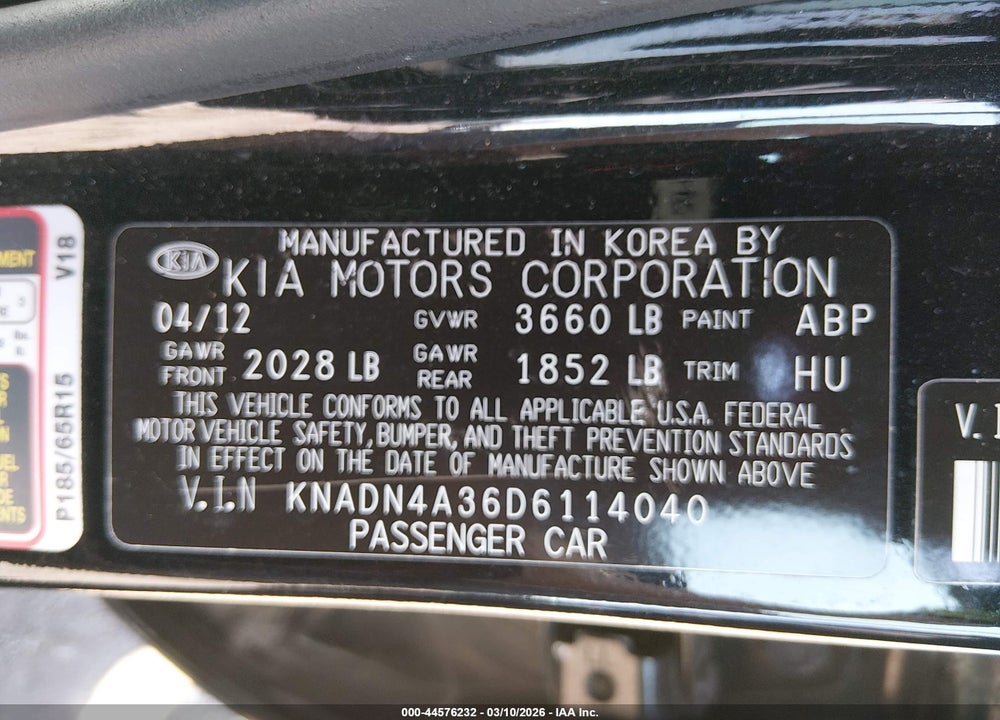 2013 KIA RIO EX VIN: KNADN4A36D6114040