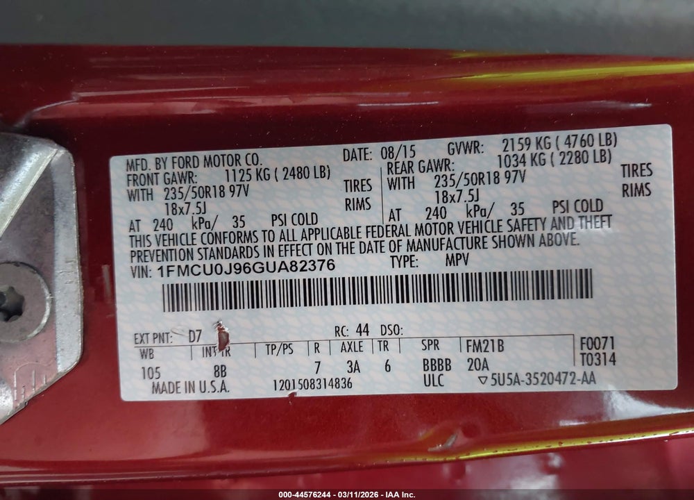 2016 FORD ESCAPE TITANIUM VIN: 1FMCU0J96GUA82376