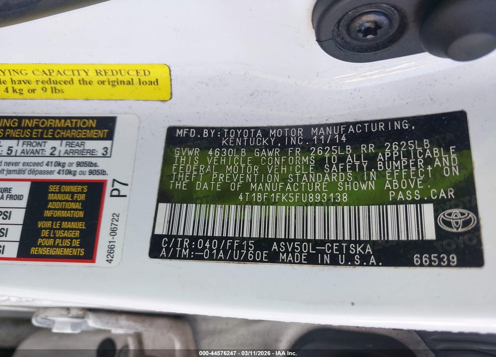 2015 TOYOTA CAMRY SE VIN: 4T1BF1FK5FU893138