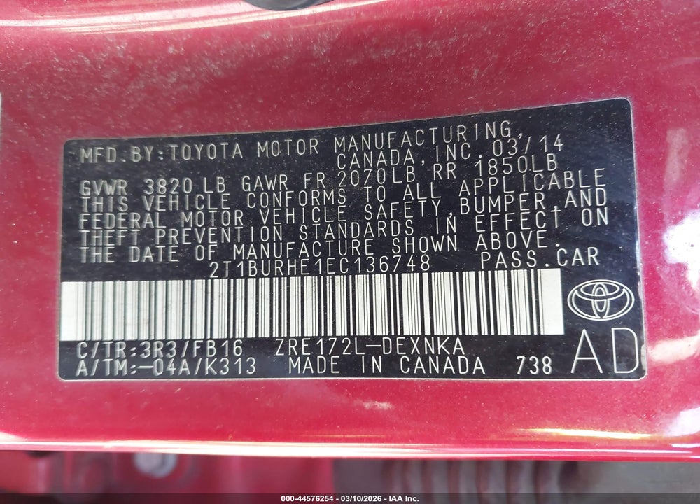 2014 TOYOTA COROLLA LE VIN: 2T1BURHE1EC136748