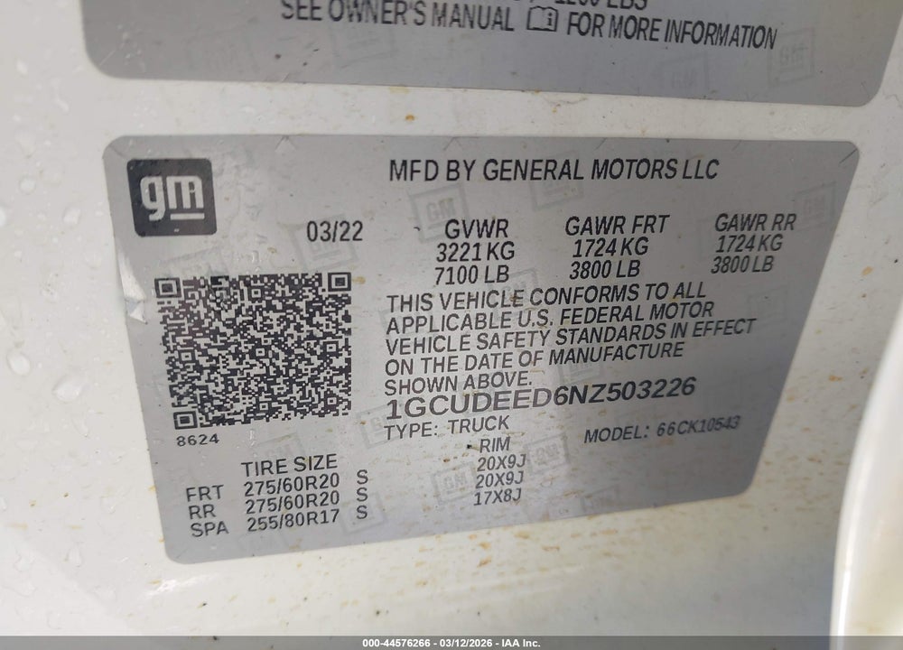 2022 CHEVROLET SILVERADO 1500 4WD  SHORT BED RST VIN: 1GCUDEED6NZ503226