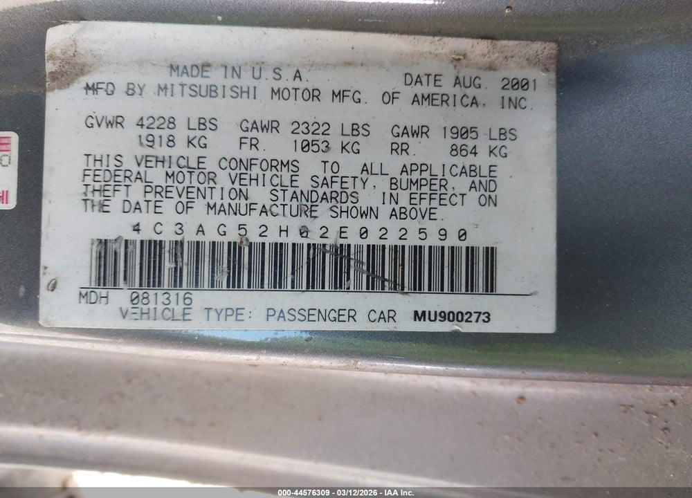 2002 CHRYSLER SEBRING LXI VIN: 4C3AG52H02E022590