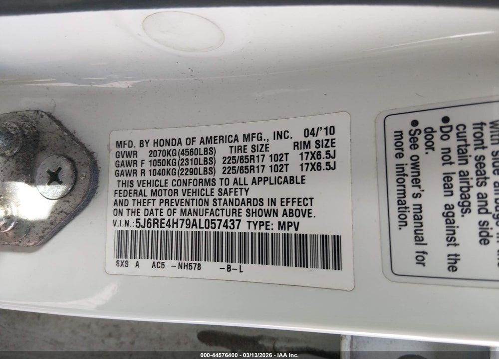 2010 HONDA CR-V EX-L VIN: 5J6RE4H79AL057437