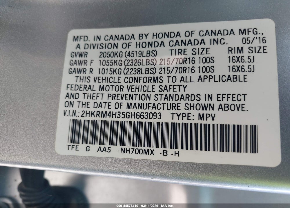 2016 HONDA CR-V LX VIN: 2HKRM4H35GH663093
