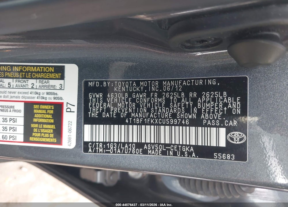 2012 TOYOTA CAMRY XLE VIN: 4T1BF1FKXCU599746