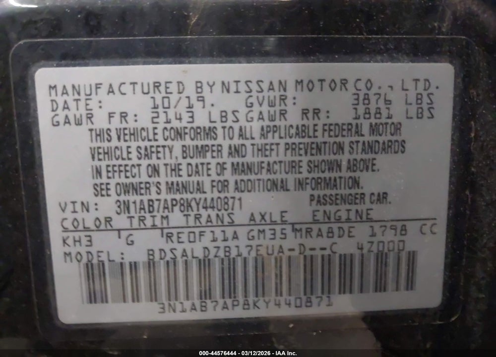 2019 NISSAN SENTRA SV VIN: 3N1AB7AP8KY440871