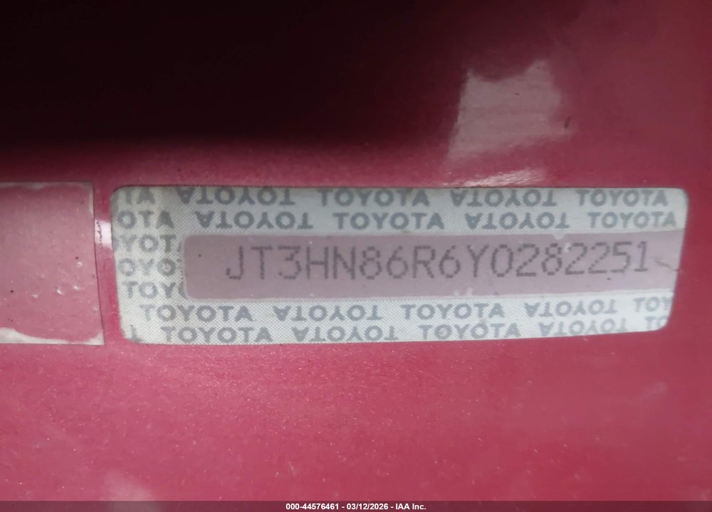 2000 TOYOTA 4RUNNER SR5 V6 VIN: JT3HN86R6Y0282251