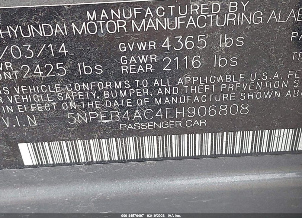 2014 HYUNDAI SONATA GLS VIN: 5NPEB4AC4EH906808