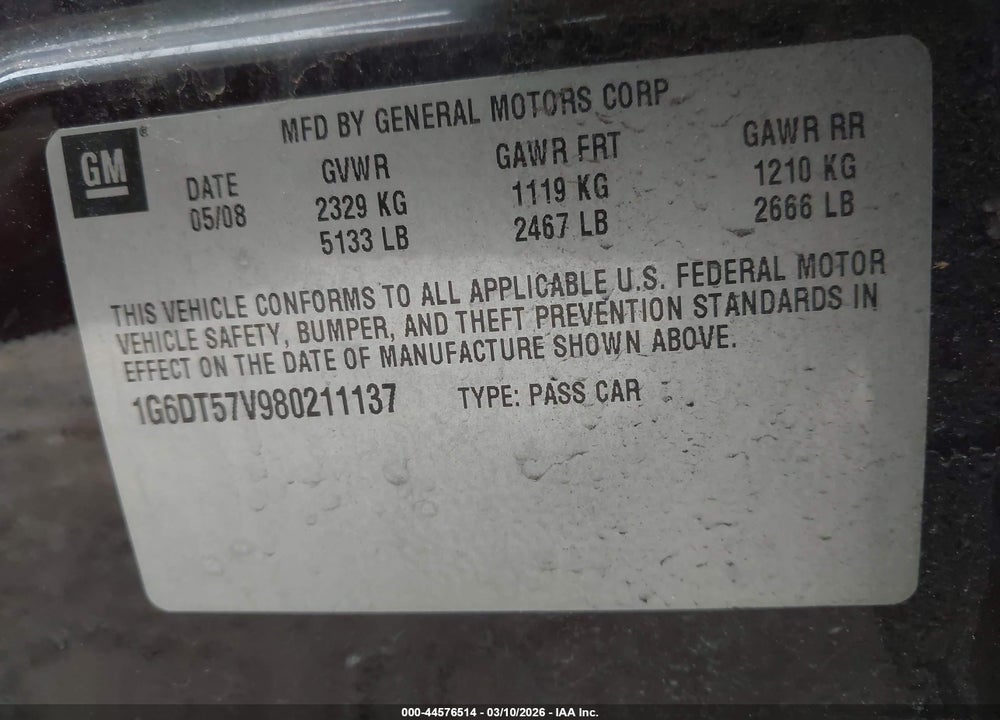 2008 CADILLAC CTS STANDARD VIN: 1G6DT57V980211137