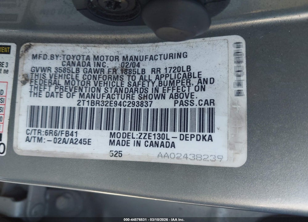 2004 TOYOTA COROLLA CE VIN: 2T1BR32E94C293837