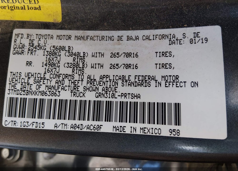 2019 TOYOTA TACOMA TRD OFF ROAD VIN: 3TMDZ5BNXKM063863