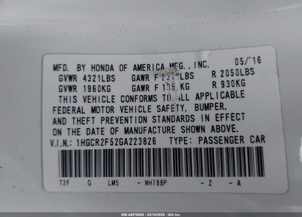 2016 HONDA ACCORD SPORT VIN: 1HGCR2F52GA223826