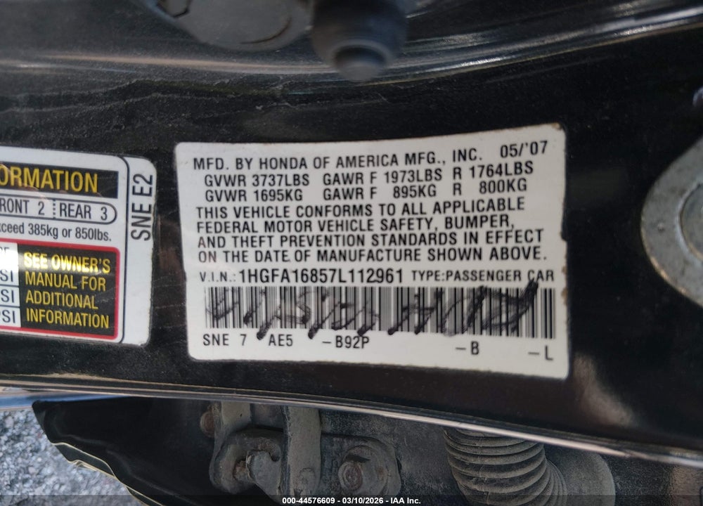 2007 HONDA CIVIC EX VIN: 1HGFA16857L112961