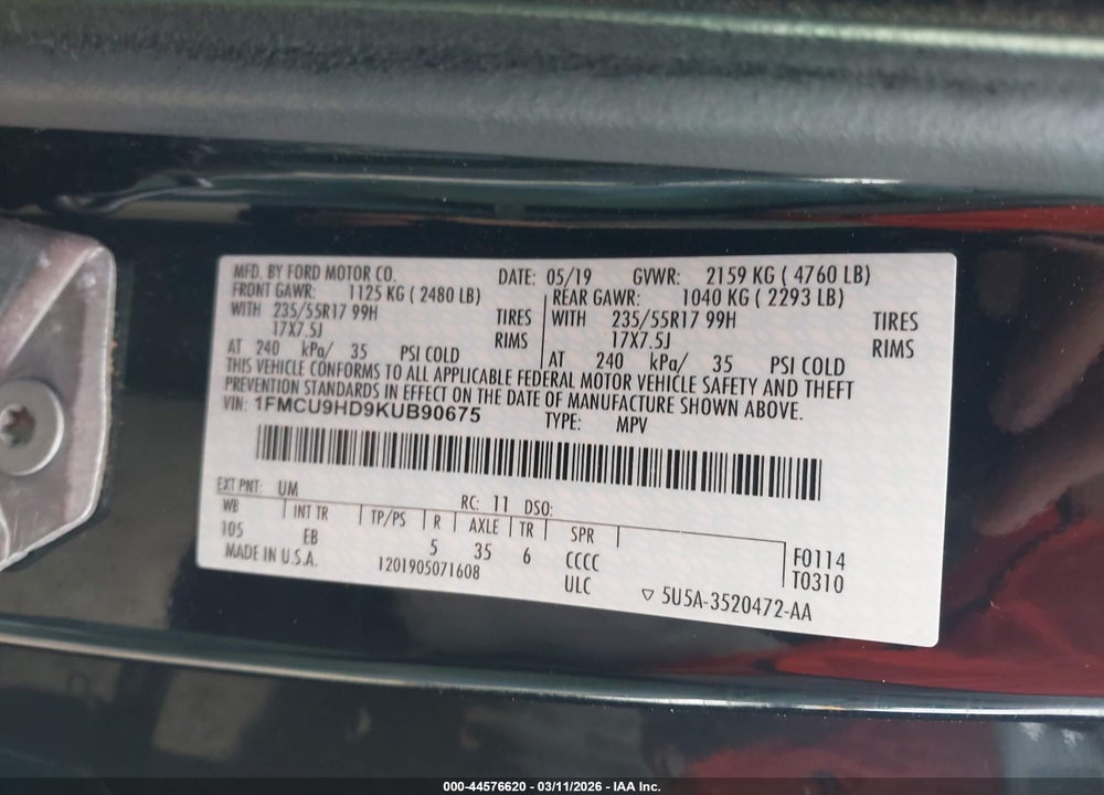2019 FORD ESCAPE SEL VIN: 1FMCU9HD9KUB90675