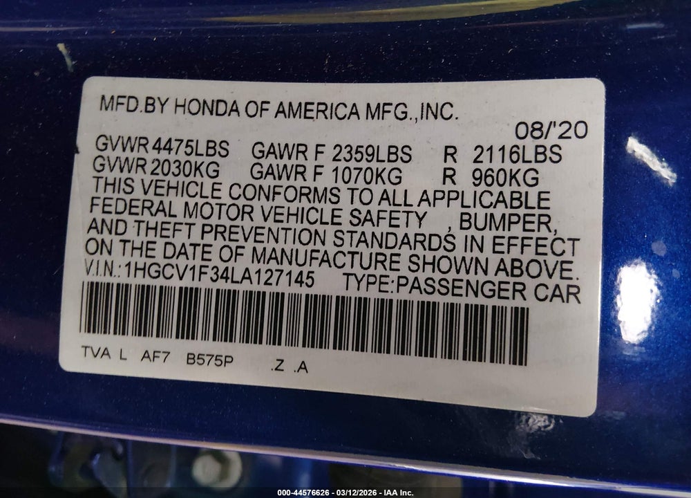 2020 HONDA ACCORD SPORT VIN: 1HGCV1F34LA127145