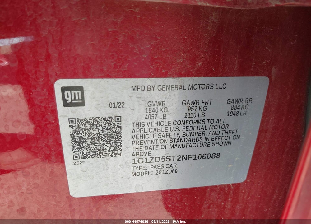 2022 CHEVROLET MALIBU FWD LT VIN: 1G1ZD5ST2NF106088