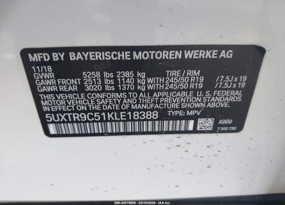 2019 BMW X3 XDRIVE30I VIN: 5UXTR9C51KLE18388