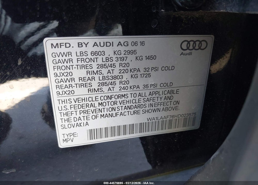2017 AUDI Q7 3.0T PREMIUM VIN: WA1LAAF76HD023575
