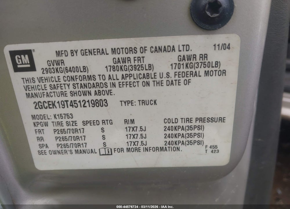 2005 CHEVROLET SILVERADO 1500 LS VIN: 2GCEK19T451219803