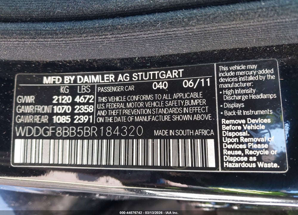 2011 MERCEDES-BENZ C 300 SPORT 4MATIC VIN: WDDGF8BB5BR184320