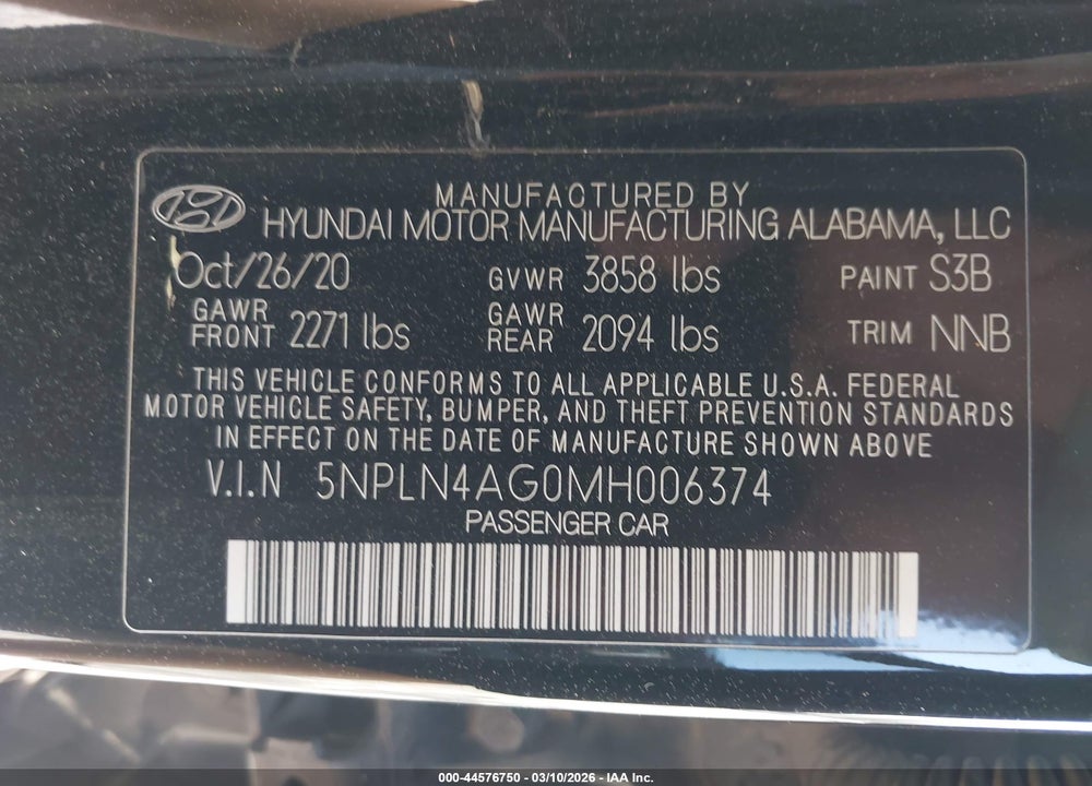 2021 HYUNDAI ELANTRA SEL VIN: 5NPLN4AG0MH006374