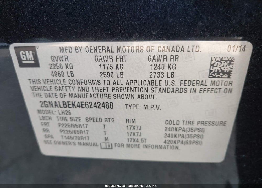 2014 CHEVROLET EQUINOX 1LT VIN: 2GNALBEK4E6242488