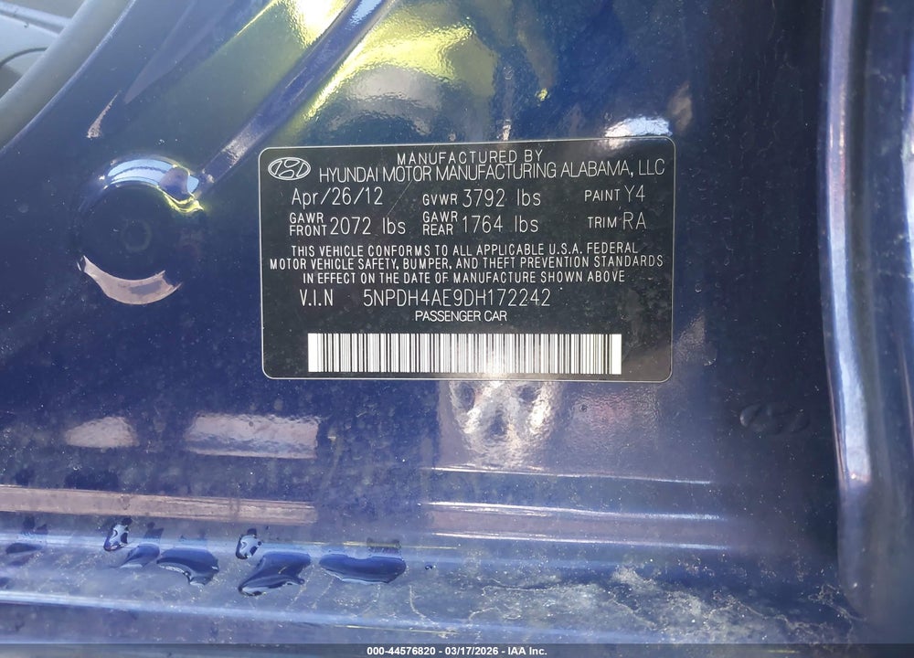 2013 HYUNDAI ELANTRA GLS/LIMITED VIN: 5NPDH4AE9DH172242