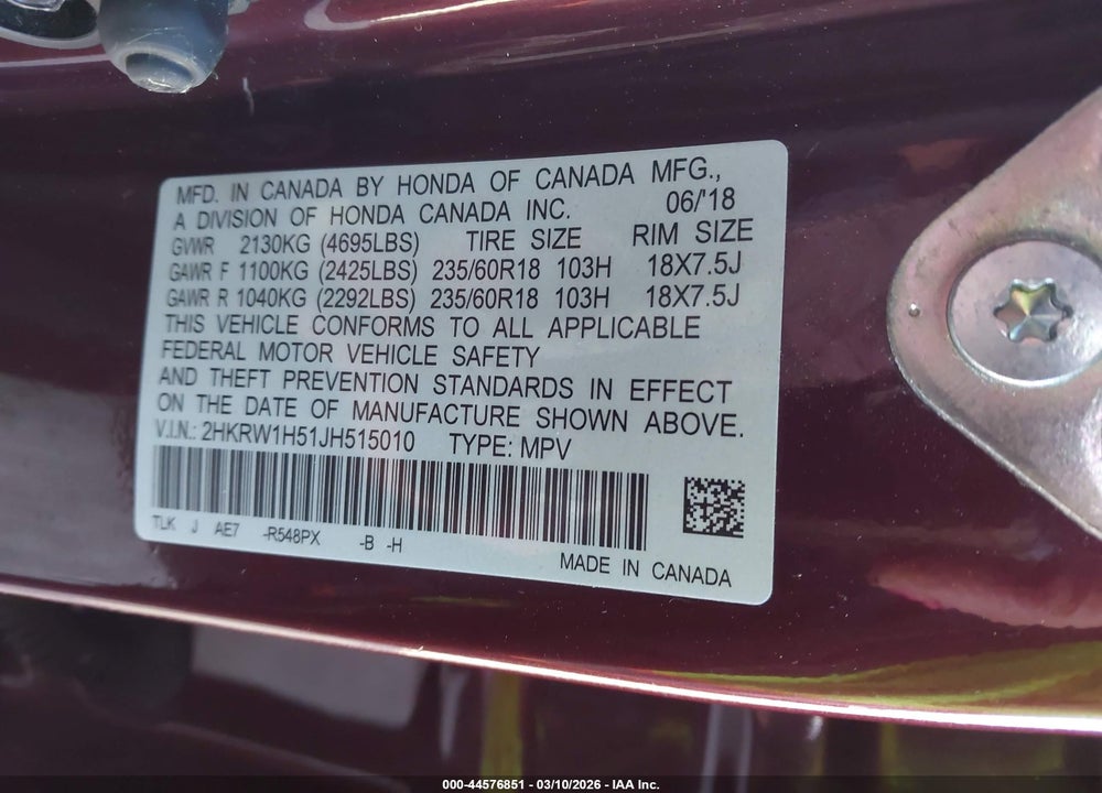 2018 HONDA CR-V EX VIN: 2HKRW1H51JH515010