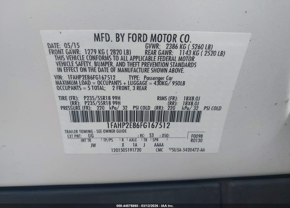 2015 FORD TAURUS SEL VIN: 1FAHP2E86FG167512
