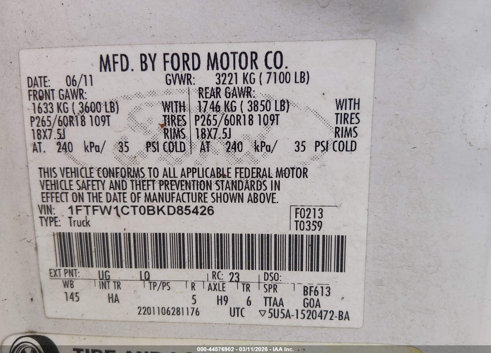 2011 FORD F-150 LARIAT VIN: 1FTFW1CT0BKD85426