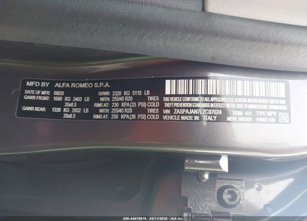 2020 ALFA ROMEO STELVIO SPORT RWD VIN: ZASPAJAN7L7C97024