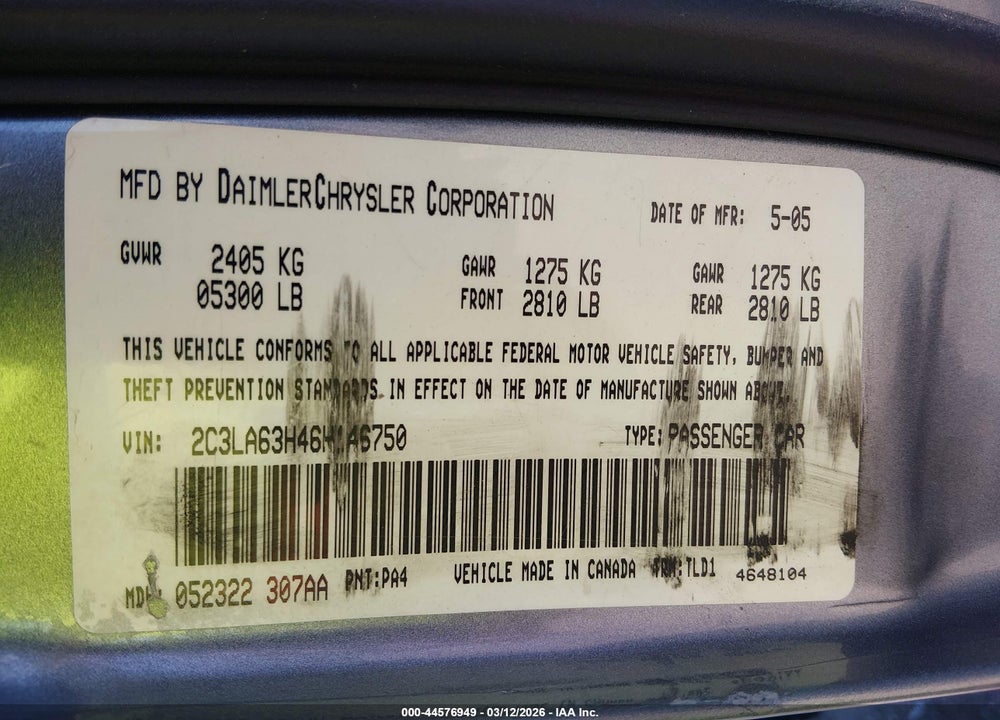 2006 CHRYSLER 300C VIN: 2C3LA63H46H146750