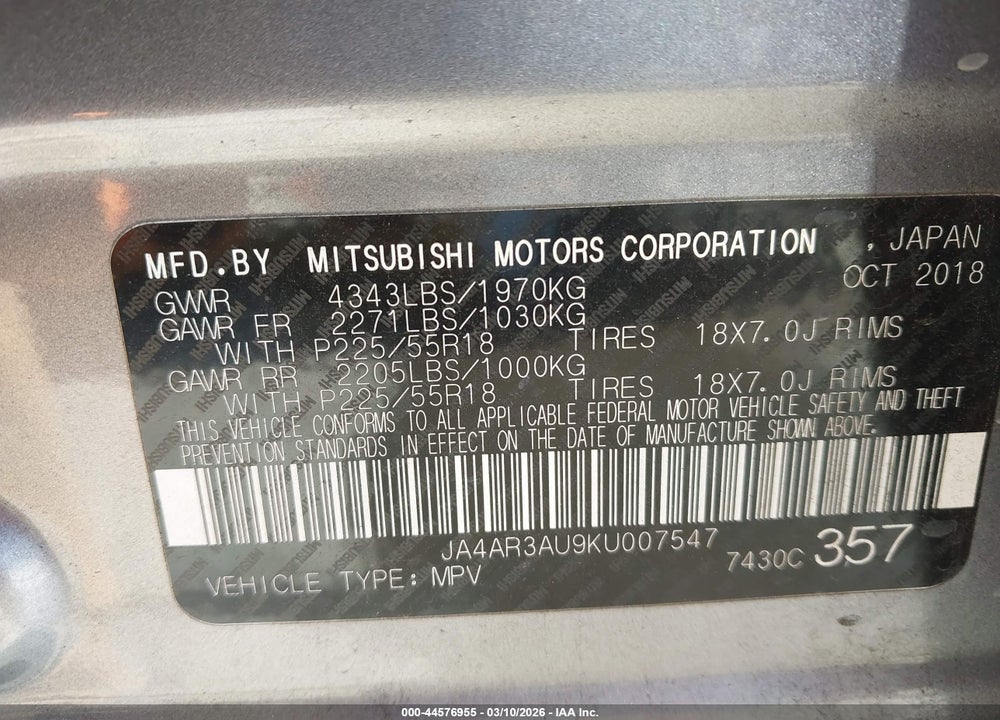 2019 MITSUBISHI OUTLANDER SPORT 2.0 ES VIN: JA4AR3AU9KU007547