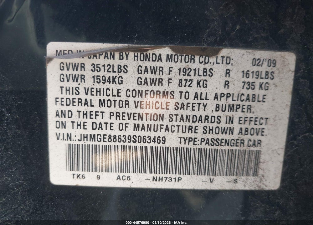 2009 HONDA FIT SPORT VIN: JHMGE88639S063469