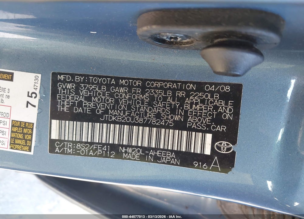 2008 TOYOTA PRIUS VIN: JTDKB20U387782475