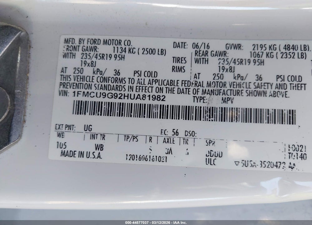 2017 FORD ESCAPE SE VIN: 1FMCU9G92HUA81982