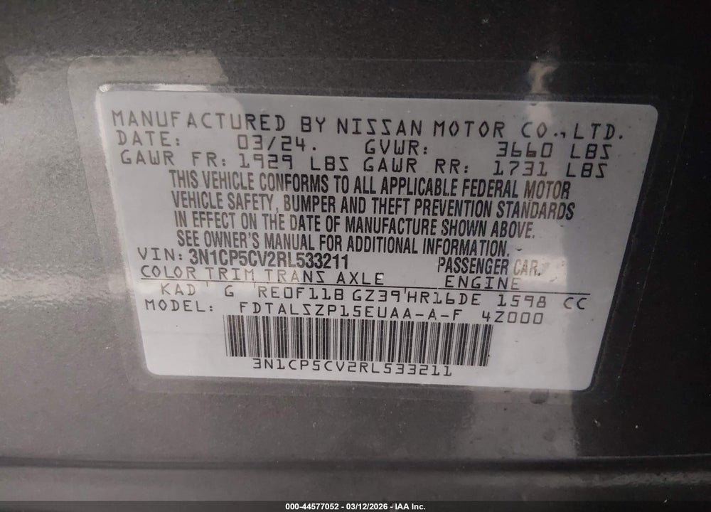 2024 NISSAN KICKS SV XTRONIC CVT VIN: 3N1CP5CV2RL533211