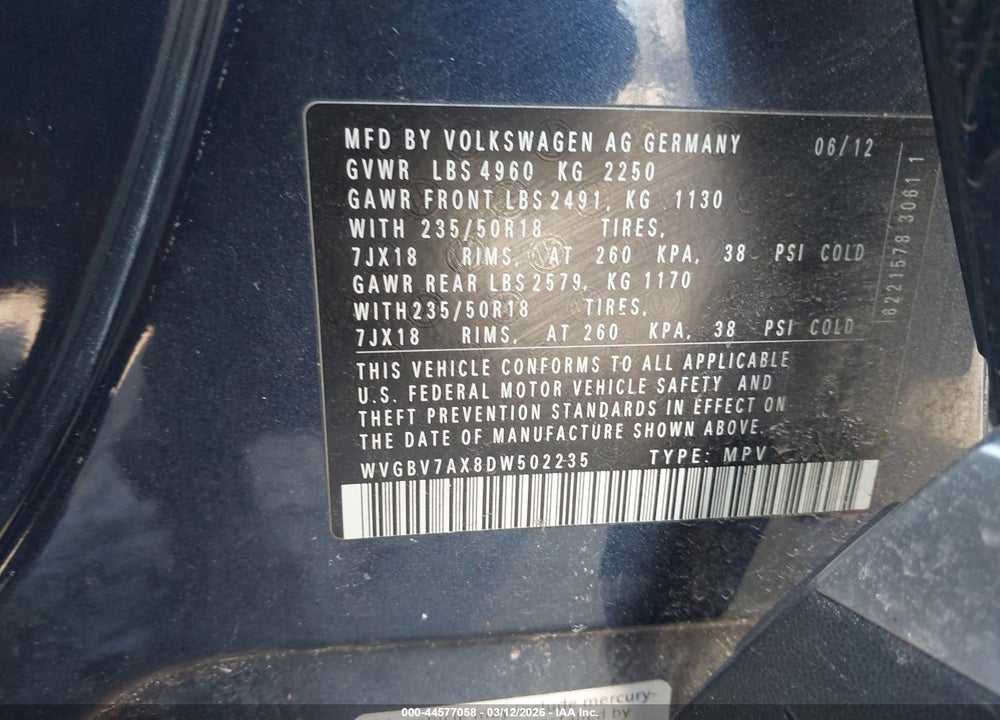 2013 VOLKSWAGEN TIGUAN S/SE/SEL VIN: WVGBV7AX8DW502235