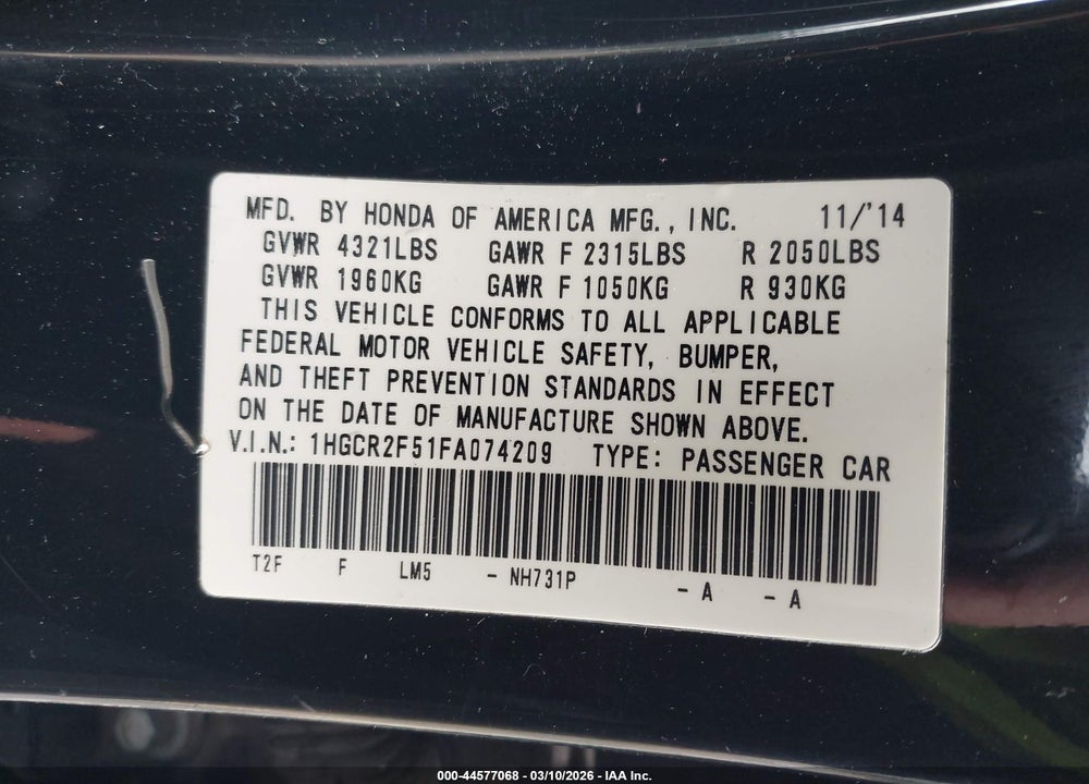 2015 HONDA ACCORD SPORT VIN: 1HGCR2F51FA074209