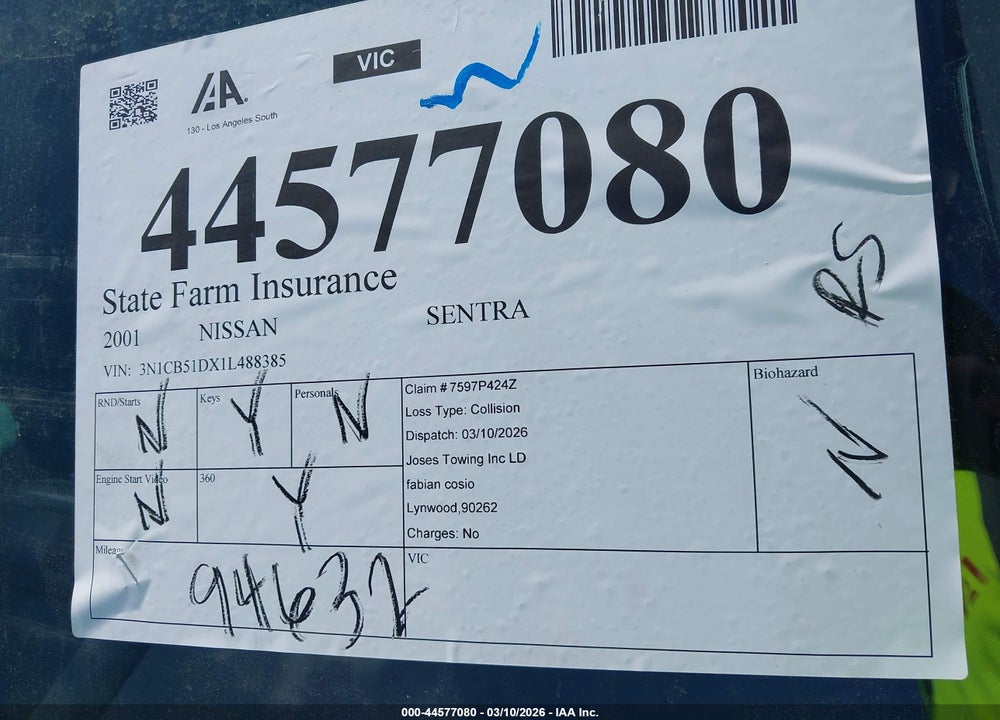 2001 NISSAN SENTRA GXE VIN: 3N1CB51DX1L488385