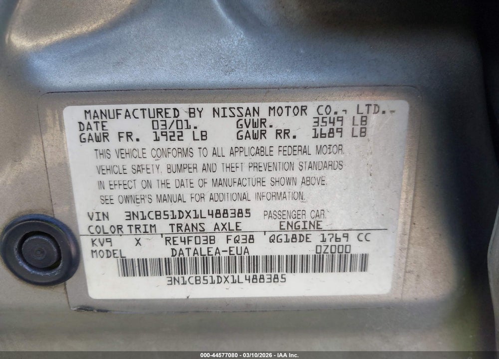 2001 NISSAN SENTRA GXE VIN: 3N1CB51DX1L488385