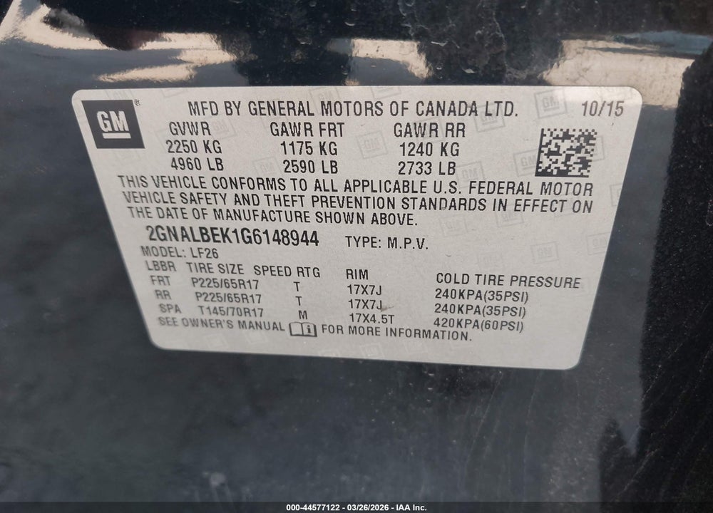 2016 CHEVROLET EQUINOX LS VIN: 2GNALBEK1G6148944